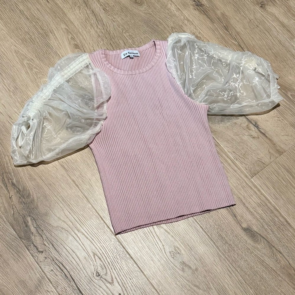 En Saison Light Pink Top with Sheer Puff Sleeves